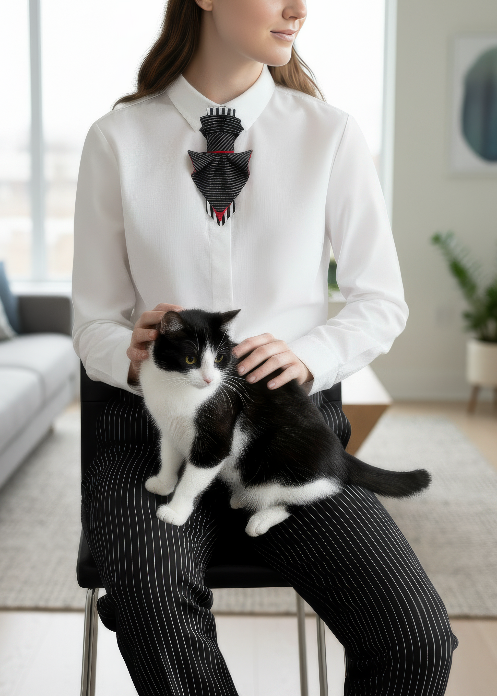 Person in formal attire holding a black and white cat in a living room Handmade black and white striped neck accessory, sculptural fabric necklace for women, artistic necktie style jewelry, modern textile statement necklace, avant-garde fashion neck ornament, unique handmade neck jewelry, graphic striped fabric necklace, contemporary wearable art accessory, designer fabric neckwear, bold black white neckpiece, abstract sculptural necklace, artistic women neck accessory, modern statement fashion jewelry