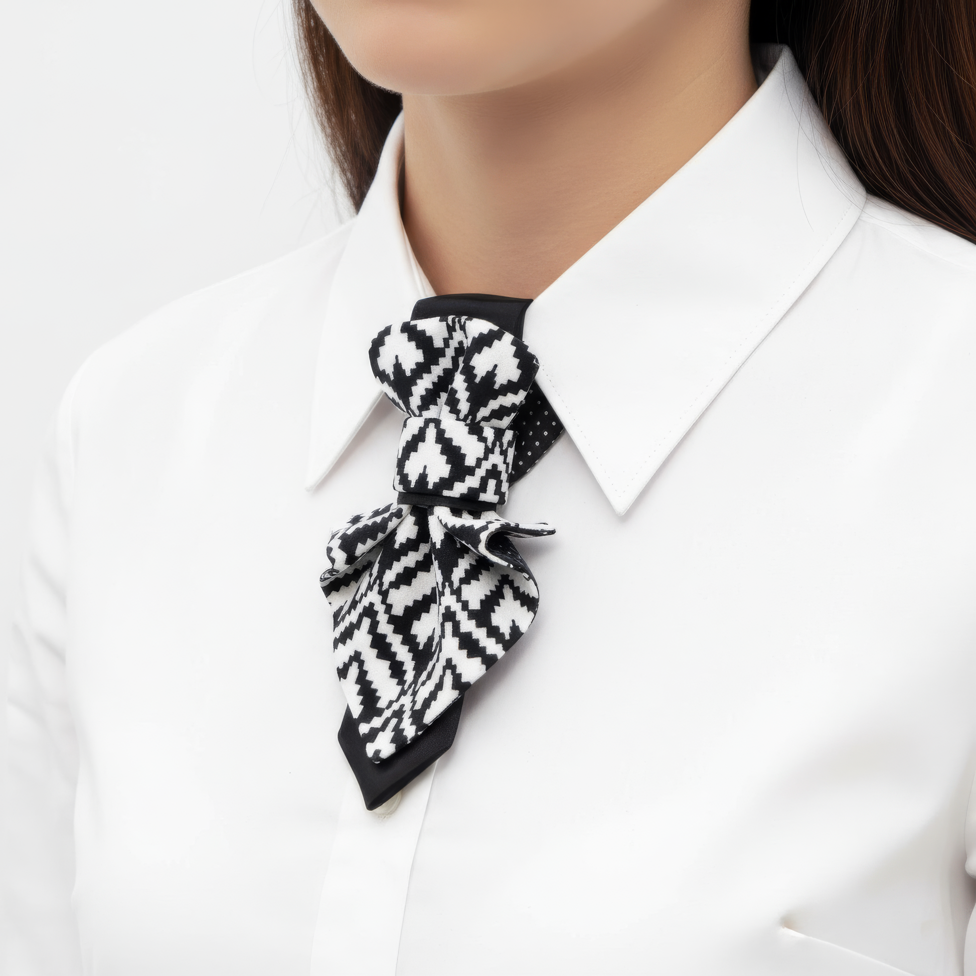 lack and white patterned fabric necklace, geometric design necktie, textile statement jewelry, modern neck accessory, unique fabric neckwear, monochrome patterned tie, fashion fabric necklace, handmade textile jewelry, bold geometric neckpiece, graphic pattern neck accessory, contemporary fabric design