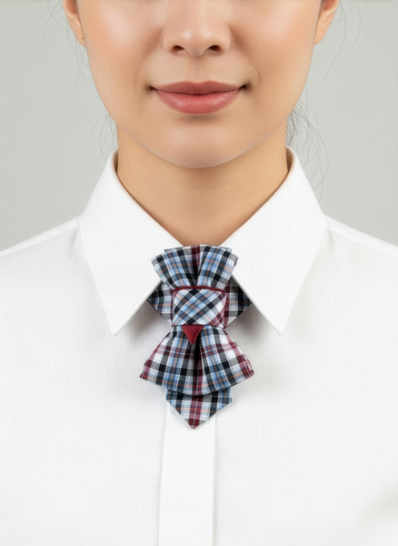 Person wearing a white shirt with a plaid bow tie against a plain background
