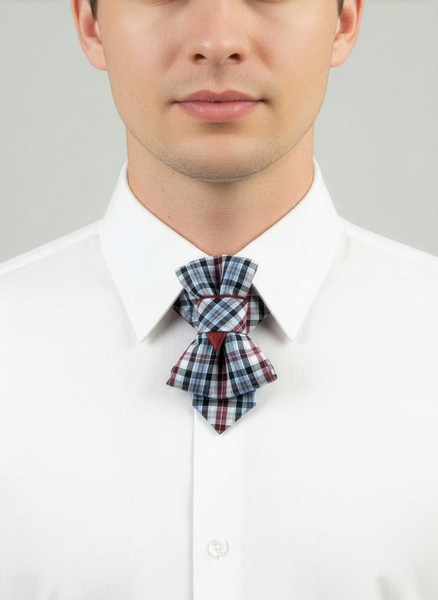 Man wearing a white shirt with a plaid bow tie against a gray background