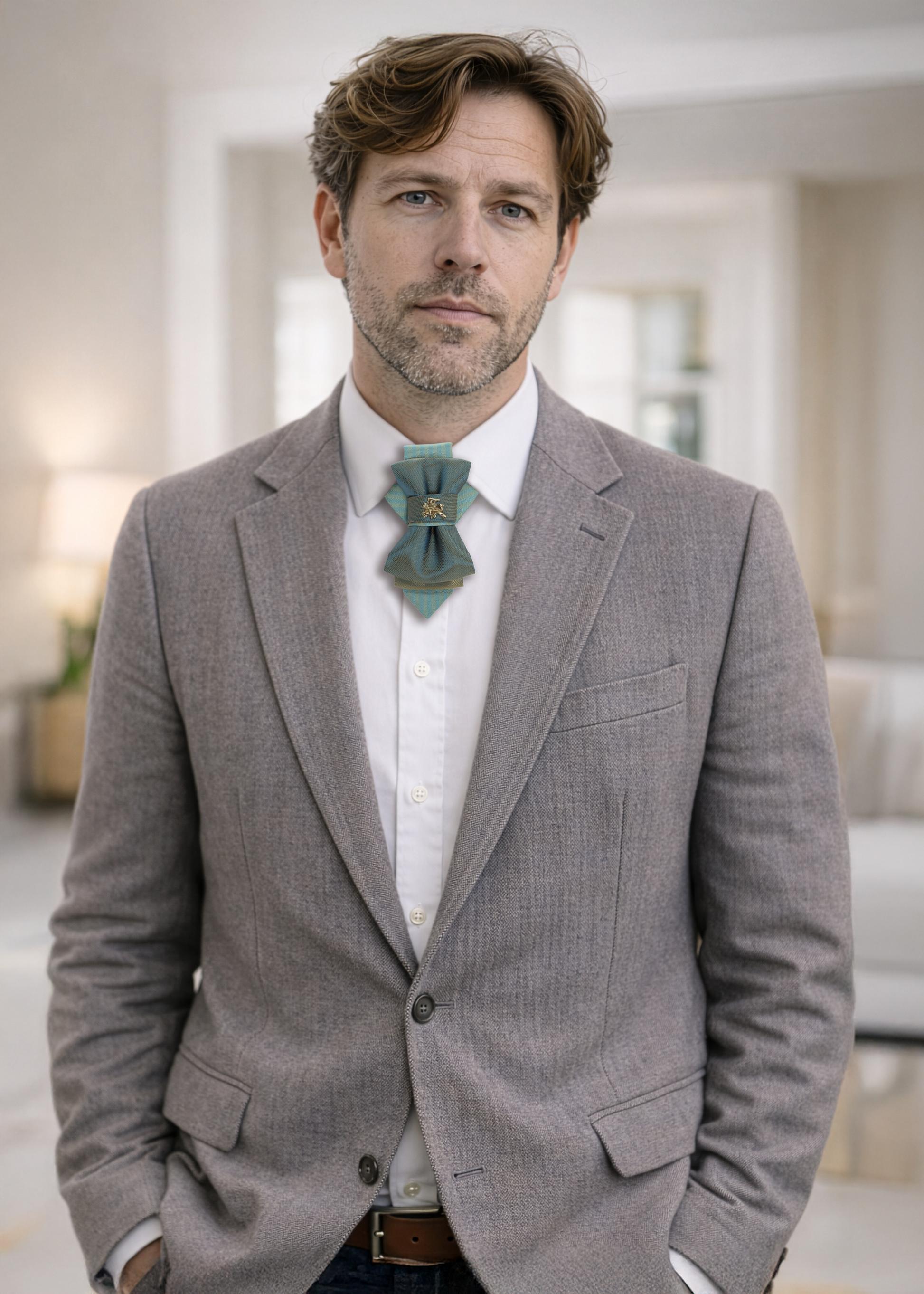 handmade luxury hopper tie, 13 cm vertical bow tie necklace, unique designer neck accessory, teal and gold fabric tie with metal pin, modern unisex statement tie, artistic wedding neckwear, groom alternative tie, minimalist luxury fashion accessory, handcrafted european design neckpiece