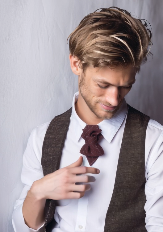 Man adjusting his bow tie against a plain background Man wearing a white shirt, brown vest, and burgundy bow tie against a gray background Bow Tie, Tie for wedding suite MERLOT II hopper tie Bow tie, groomer tie bordeaux bow tie, handmade necktie, luxury wedding tie, vertical layered tie, merlot color tie, groom accessory, elegant menswear, performer neckwear, artistic bow tie, chevron pattern tie, red wine color tie, unique handmade tie, ruty design tie