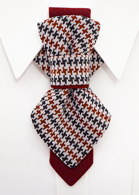 handmade luxury unisex necktie, vertical bow tie, houndstooth pattern, red black white tie, artistic necktie, wedding accessory, groom gift, musician style, luxury tie, unique neckwear, statement tie, formal fashion, sculptural tie, designer bow tie