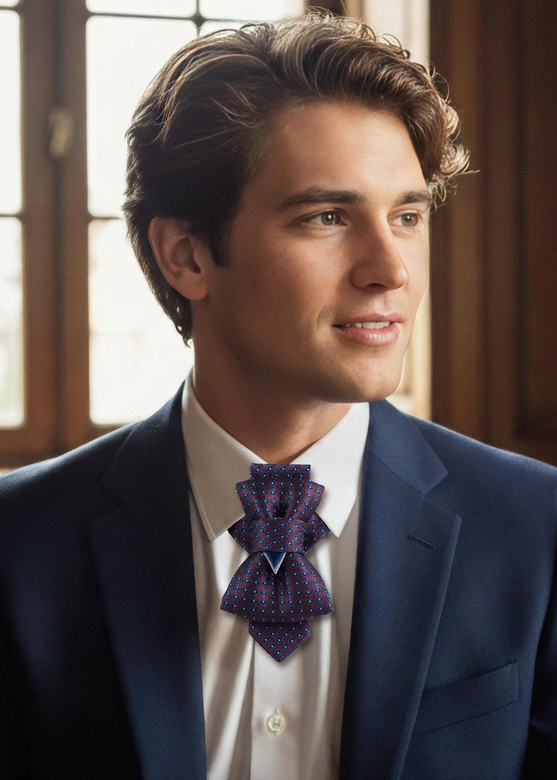 Man wearing a blue suit with a patterned bow tie in an indoor setting Luxury handmade unisex wedding tie, structured statement neckwear for men and women, elegant formal accessory, modern ascot style tie, groom wedding outfit detail, bridal party fashion, minimalist chic collar tie, everyday sophisticated women’s accessory, designer neckpiece, premium craftsmanship, unique bow style tie, artistic formalwear accent, fashion forward unisex necktie, special occasion accessory, contemporary wedding fashion piec