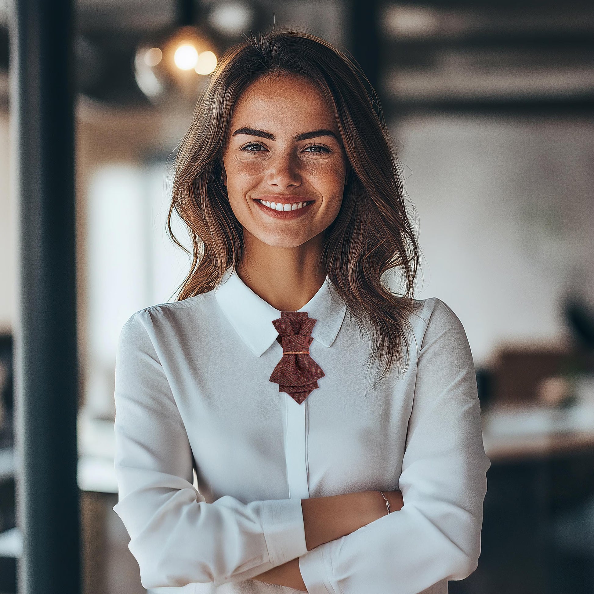 Woman wearing a white shirt with a bow tie in an indoor setting