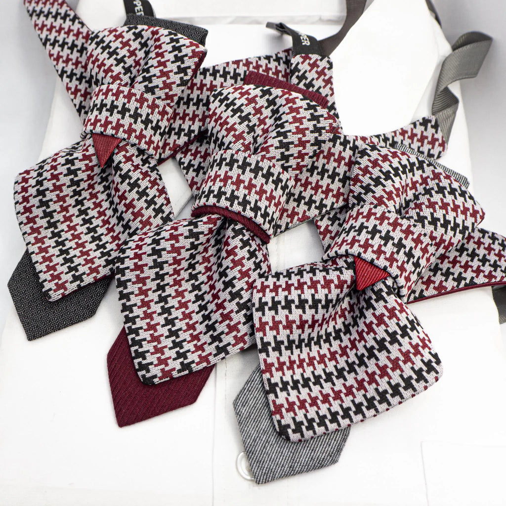 handmade luxury unisex necktie, vertical bow tie, houndstooth pattern, red black white tie, artistic necktie, wedding accessory, groom gift, musician style, luxury tie, unique neckwear, statement tie, formal fashion, sculptural tie, designer bow tie