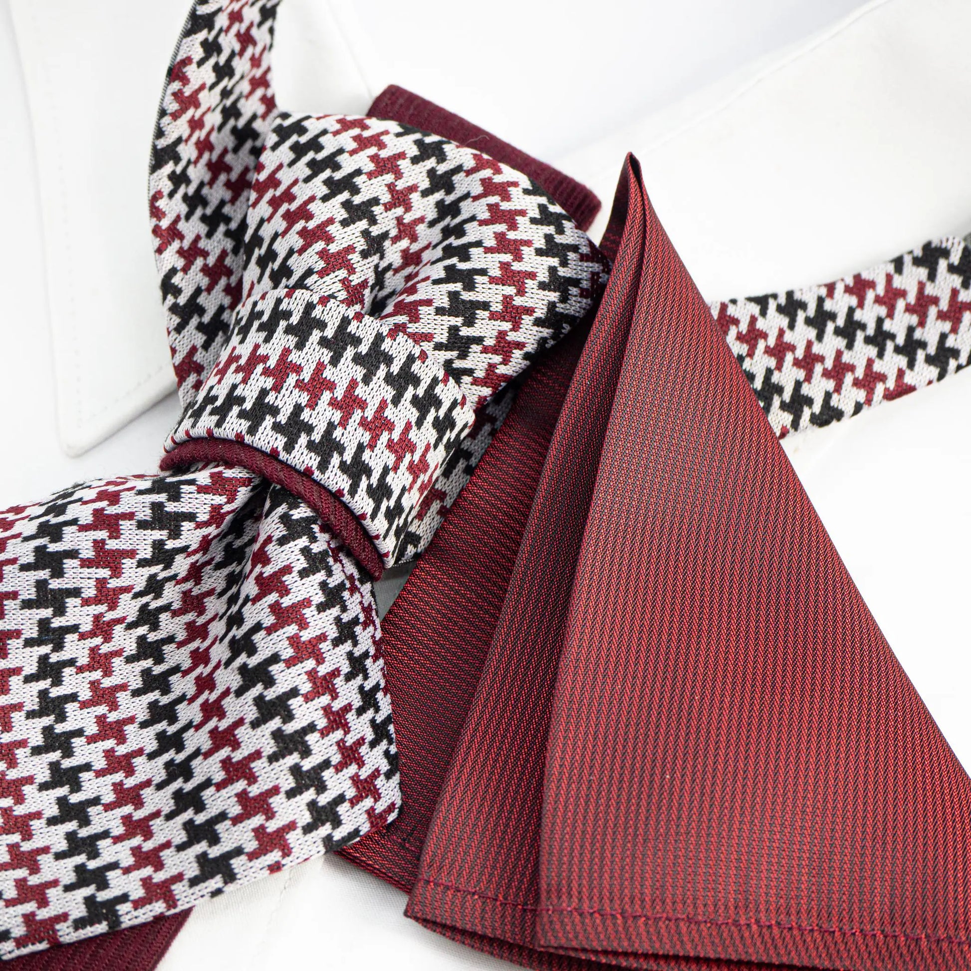 handmade luxury unisex necktie, vertical bow tie, houndstooth pattern, red black white tie, artistic necktie, wedding accessory, groom gift, musician style, luxury tie, unique neckwear, statement tie, formal fashion, sculptural tie, designer bow tie