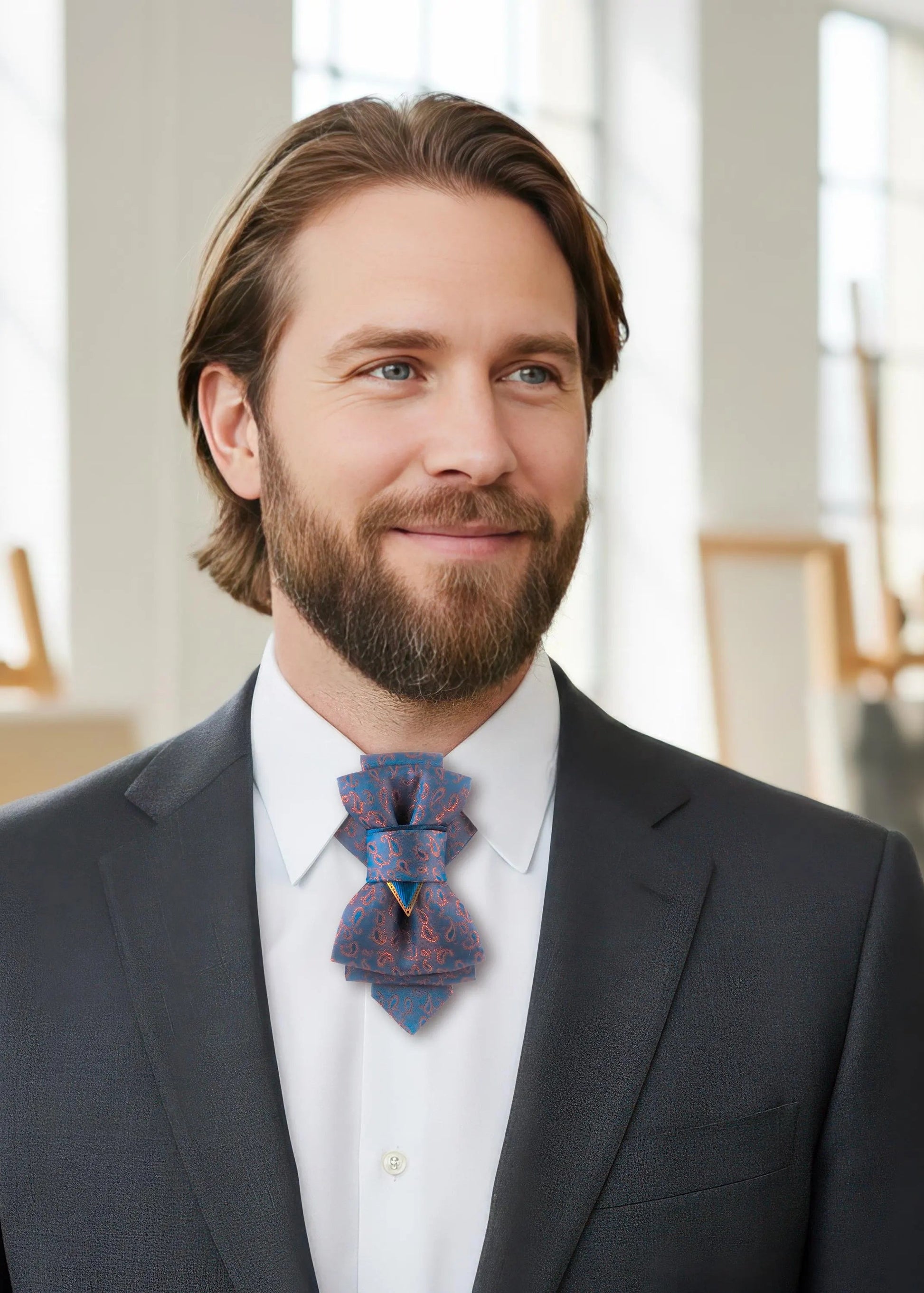 Man wearing a dark suit with a unique blue tie in an indoor setting Handmade luxury wedding bow tie in navy blue with gold paisley pattern, featuring an original multi-layered pointed design and metallic gold filigree triangle detail, crafted in Lithuania.
