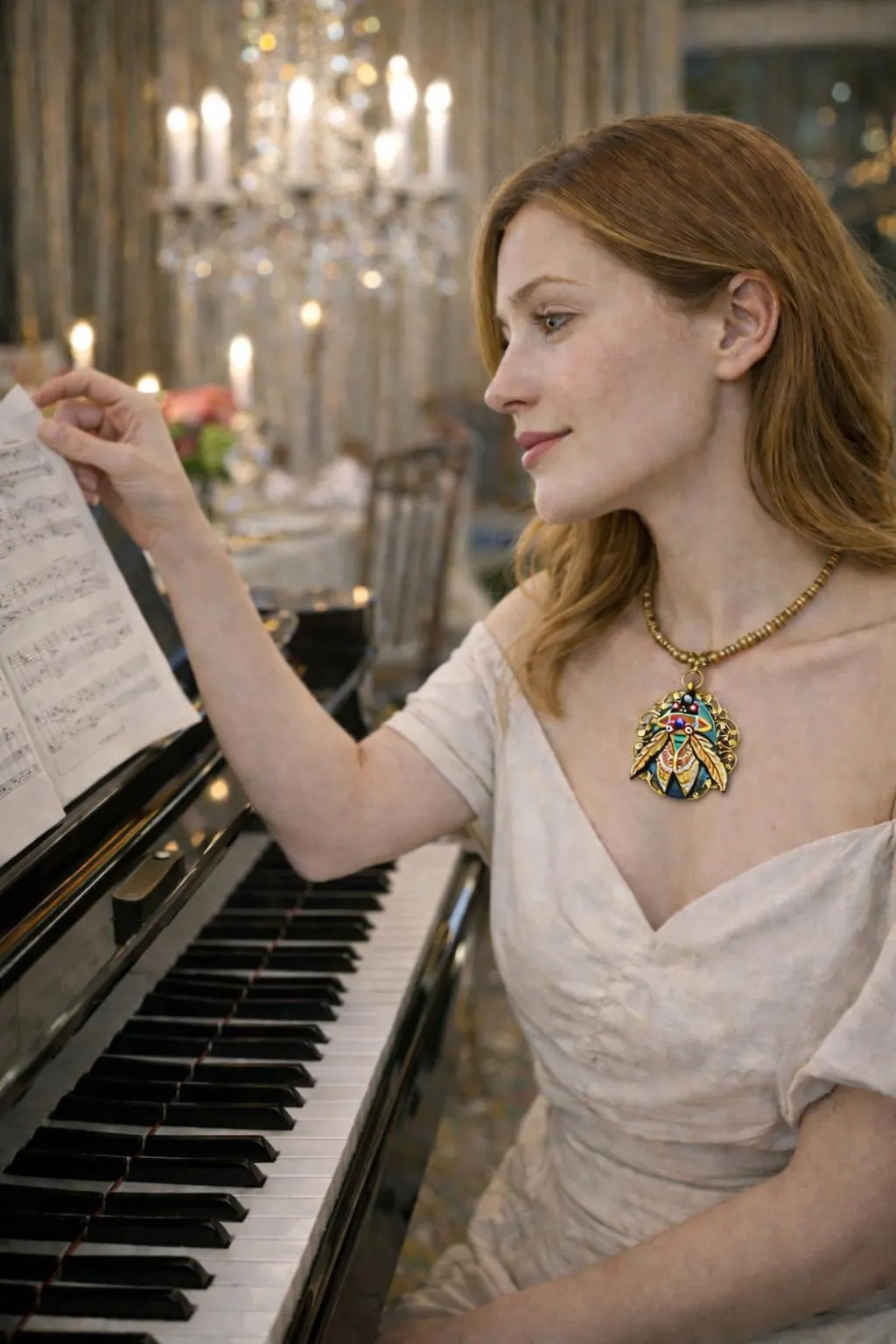 Woman playing a piano in an elegant room with chandeliers one of a kind hand painted art necklace, luxury wearable art jewelry, miniature oil painting beetle pendant, handmade artist jewelry, unique statement necklace, fine art jewelry, hand painted miniature under microscope, professional artist made pendant, gold filigree necklace, collectible wearable artwork, elegant artistic necklace for everyday and special occasions