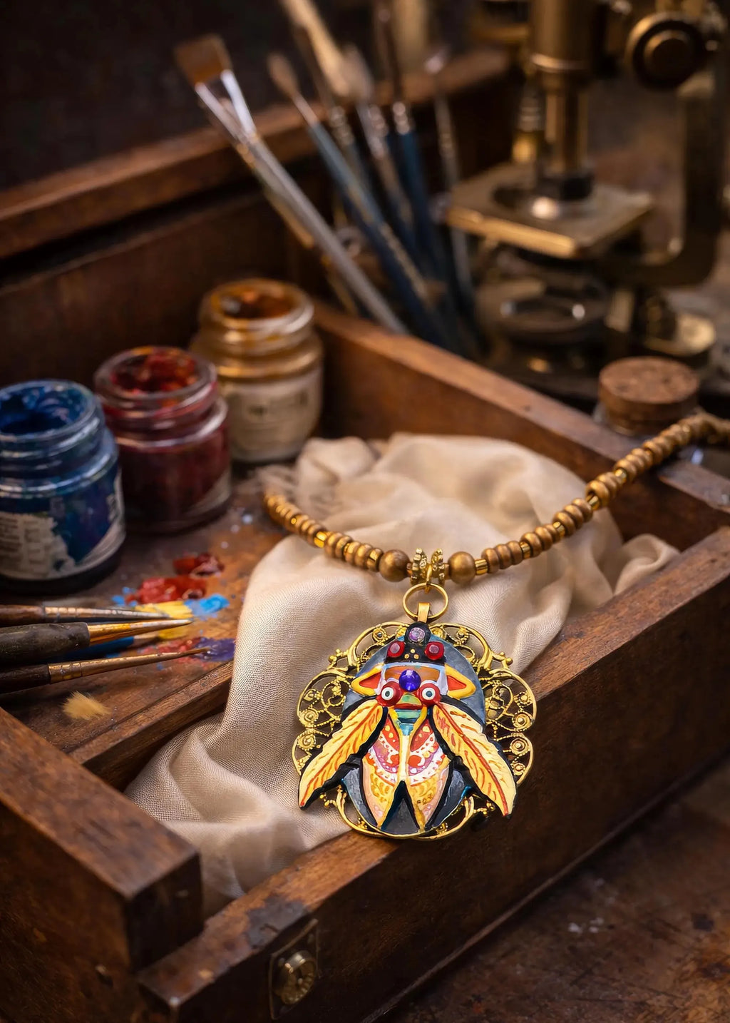 Decorative pendant on a cloth inside a wooden box with art supplies in the background one of a kind hand painted art necklace, luxury wearable art jewelry, miniature oil painting beetle pendant, handmade artist jewelry, unique statement necklace, fine art jewelry, hand painted miniature under microscope, professional artist made pendant, gold filigree necklace, collectible wearable artwork, elegant artistic necklace for everyday and special occasions
