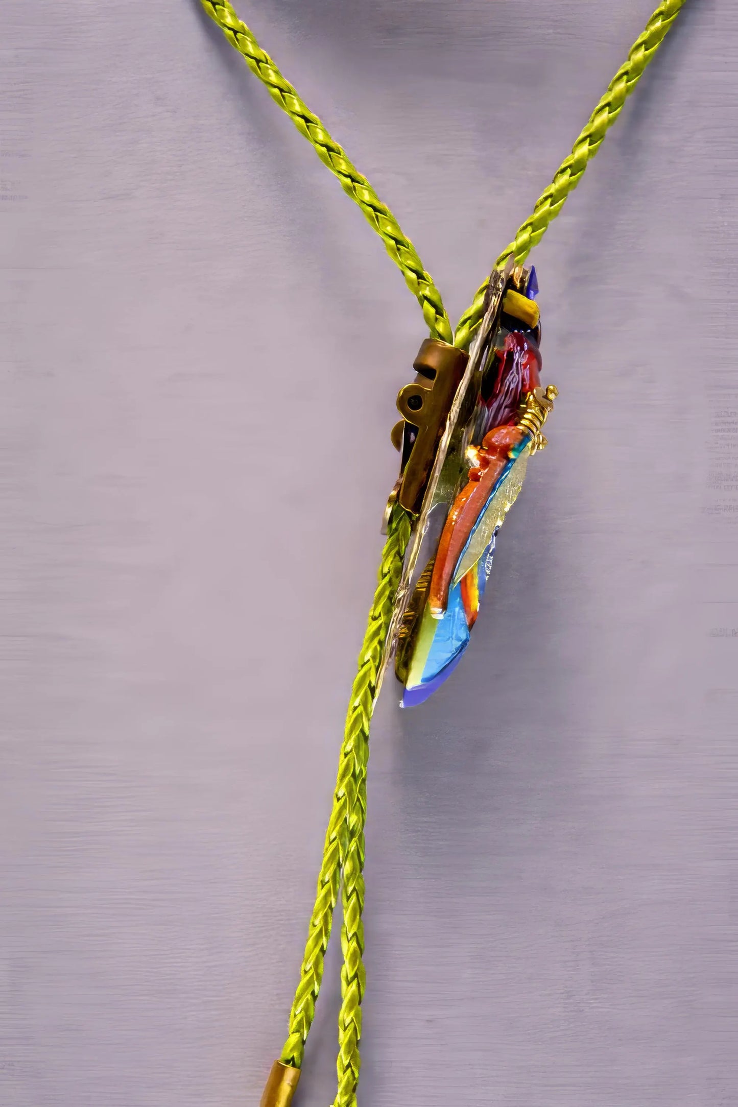 Colorful feather-shaped pendant on a green cord against a gray background
