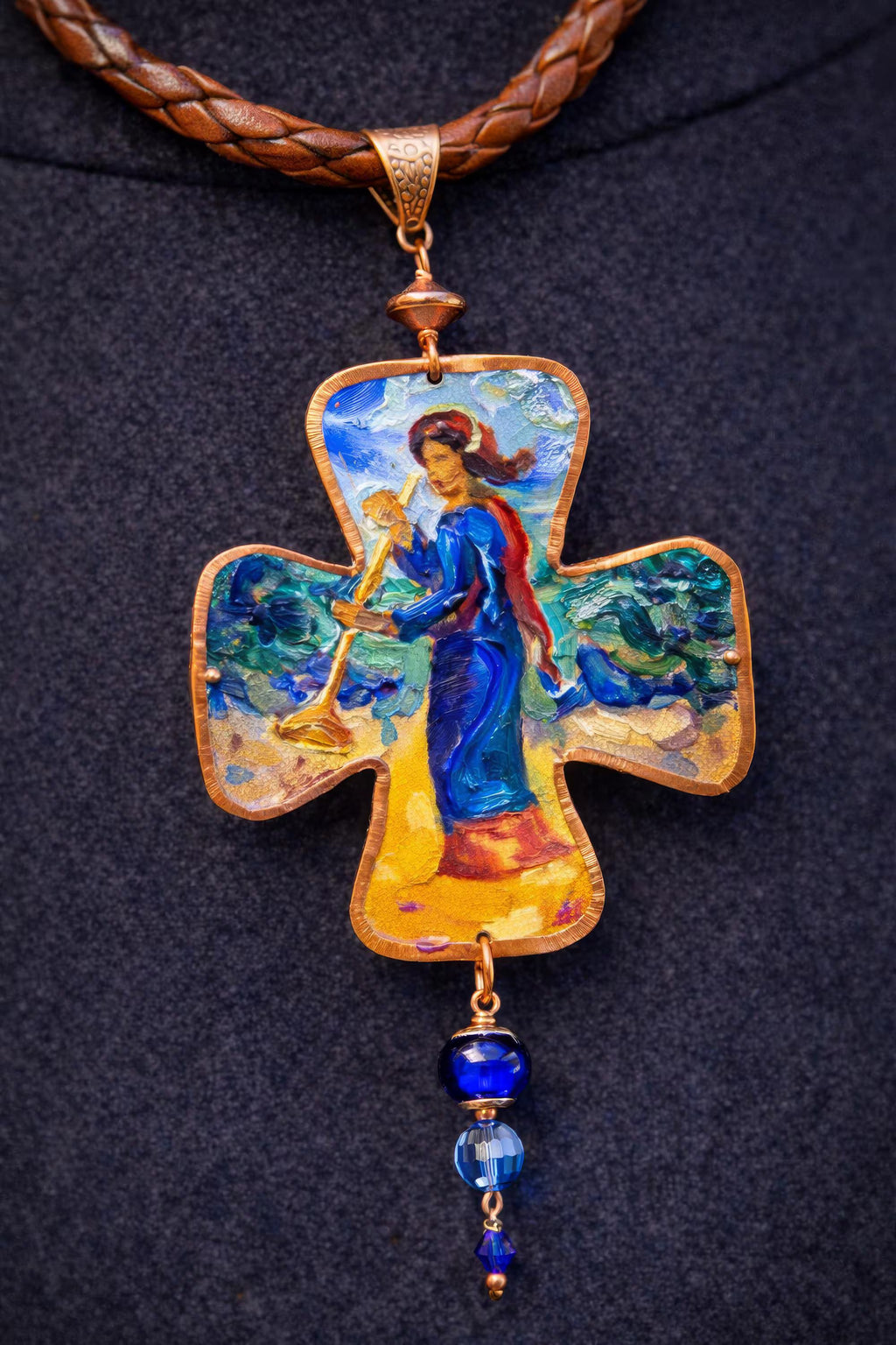 Decorative cross-shaped pendant with a figurine on a dark background Unique artistic pendant for elegant woman, Hand painted miniature art pendant for women one of a kind jewelry, Luxury OOAK miniature painting necklace close up, Original artwork pendant by artist Marijus Piekuras, Fine art wearable pendant handcrafted detail, Tiny original painting inside pendant frame, Woman wearing one of a kind miniature pendant, Meaningful original art gift for her, Intricate miniature art jewelry craftsmanship