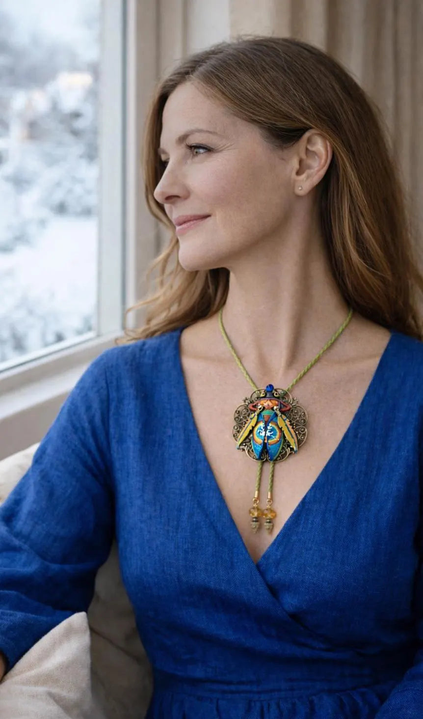 Woman wearing a blue dress with a decorative necklace by a window with a snowy view Luxury art pendant for special occasions, Sophisticated wearable art jewelry styling, Unique gift for art lover woman, Meaningful original art gift for her, Collector miniature painting jewelry piece, One of a kind handmade pendant gift idea, Artistic luxury jewelry for refined taste, Exclusive author jewelry by Marijus Piekuras
