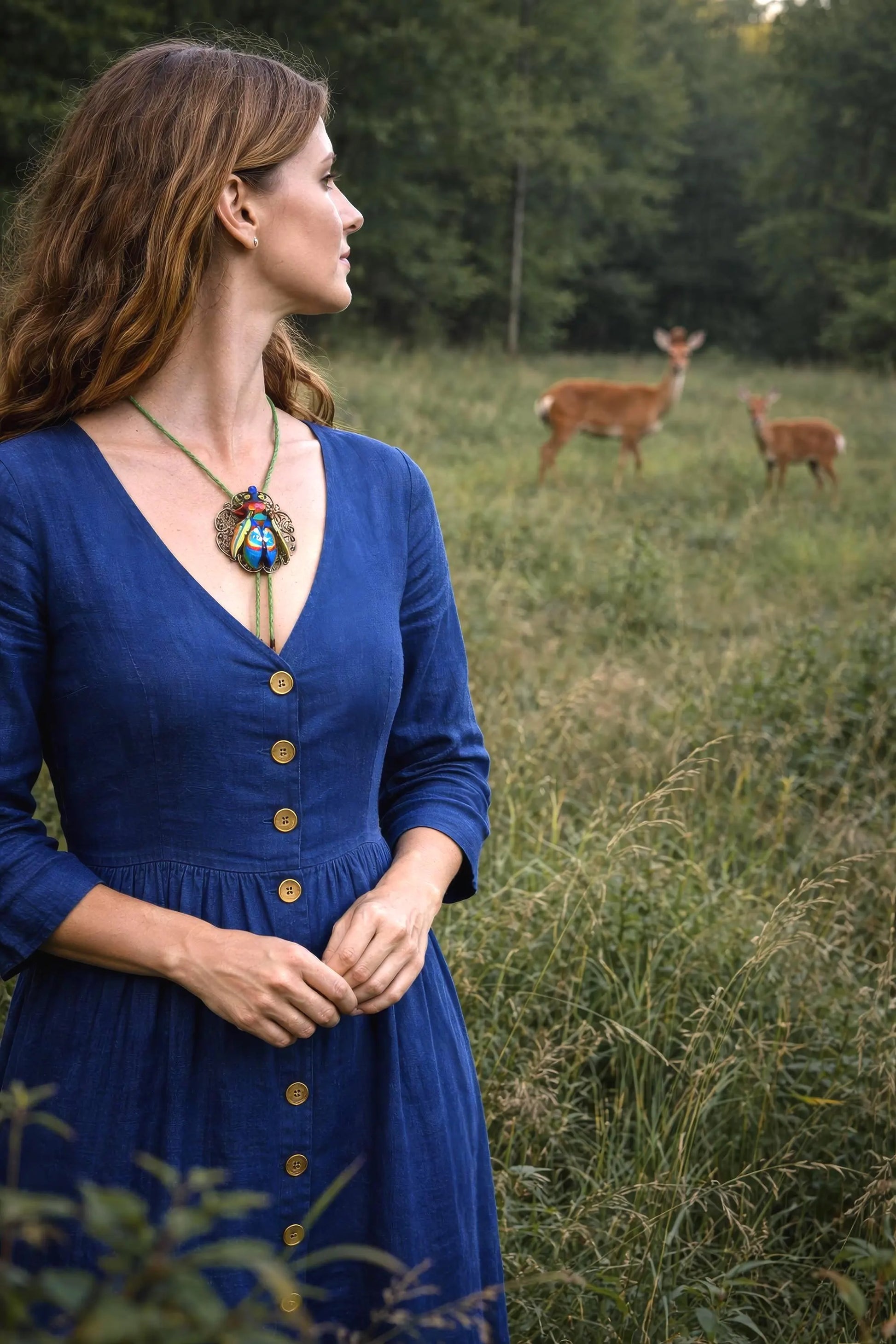 Woman in a blue dress standing in a field with deer in the background
