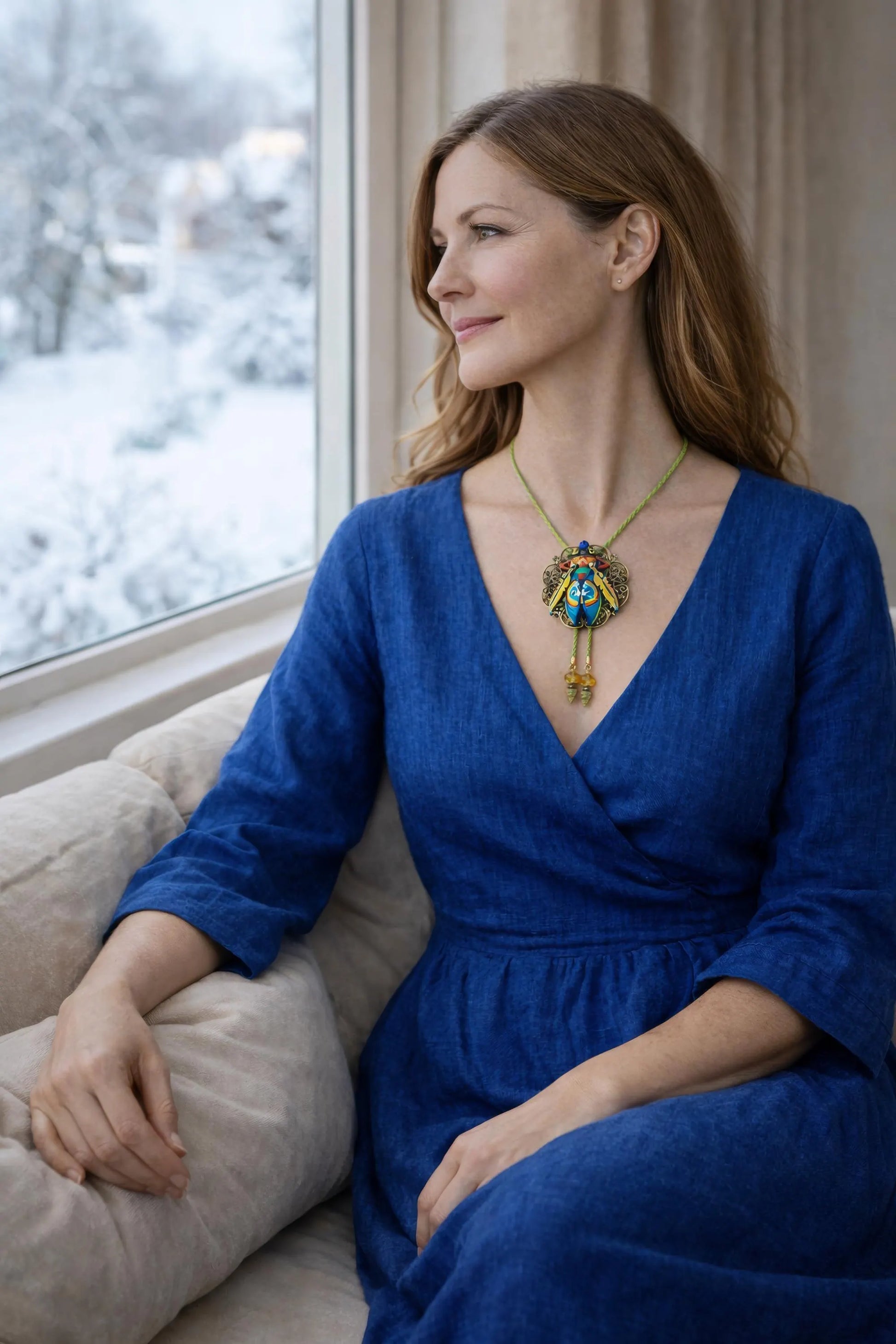 Woman in a blue dress sitting by a window with a snowy view Luxury art pendant for special occasions, Sophisticated wearable art jewelry styling, Unique gift for art lover woman, Meaningful original art gift for her, Collector miniature painting jewelry piece, One of a kind handmade pendant gift idea, Artistic luxury jewelry for refined taste, Exclusive author jewelry by Marijus Piekuras