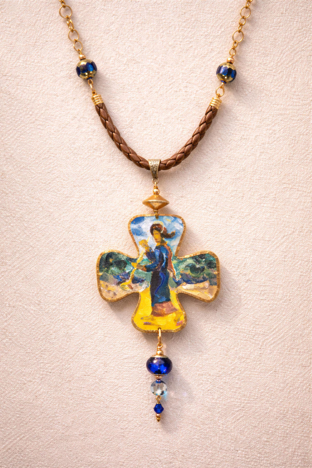 Necklace with a decorative cross pendant on a beige background Unique artistic pendant for elegant woman, Hand painted miniature art pendant for women one of a kind jewelry, Luxury OOAK miniature painting necklace close up, Original artwork pendant by artist Marijus Piekuras, Fine art wearable pendant handcrafted detail, Tiny original painting inside pendant frame, Woman wearing one of a kind miniature pendant, Meaningful original art gift for her, Intricate miniature art jewelry craftsmanship, Exclusive ha