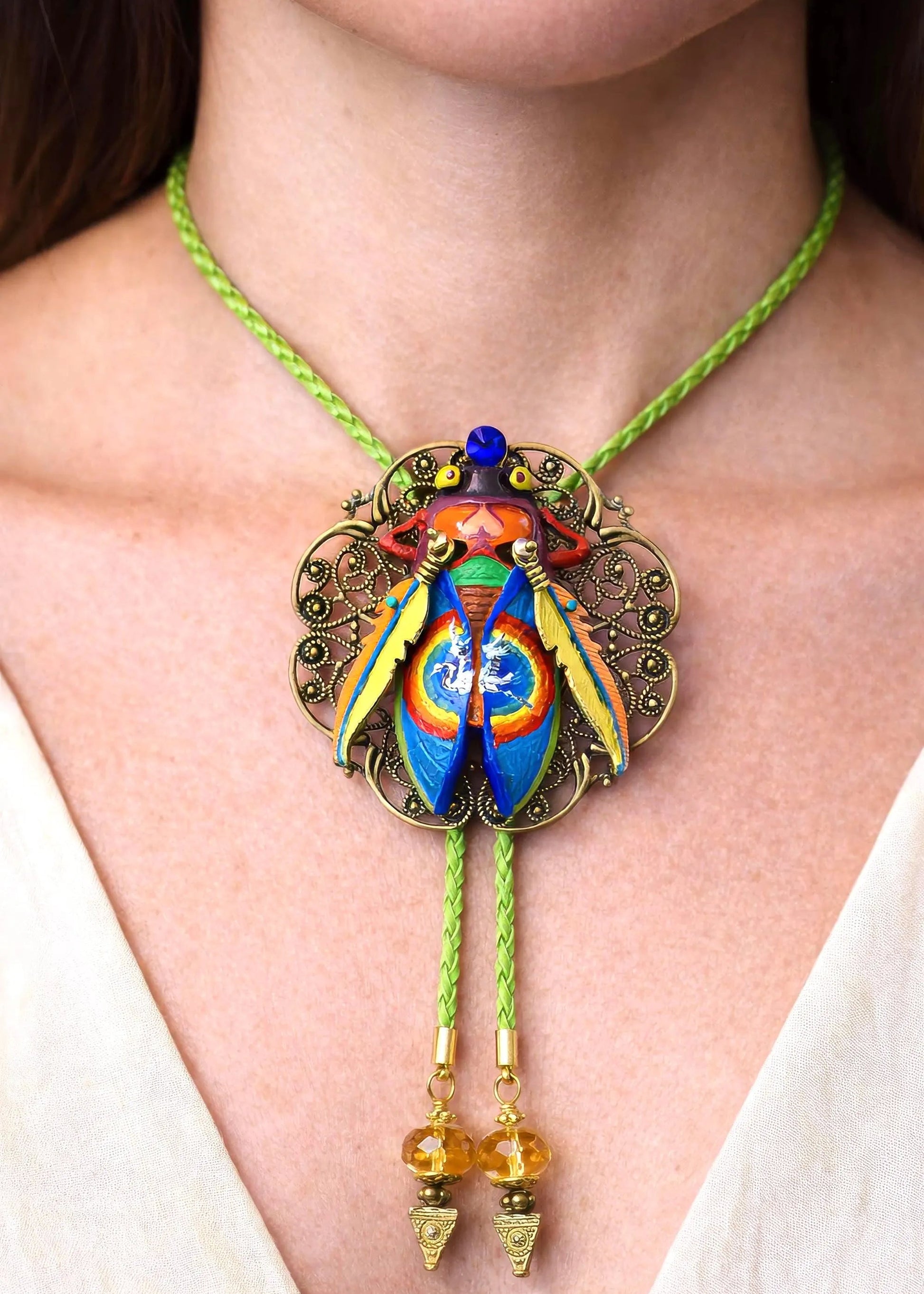 Colorful necklace with a decorative pendant on a person's neck Luxury art pendant for special occasions, Sophisticated wearable art jewelry styling, Unique gift for art lover woman, Meaningful original art gift for her, Collector miniature painting jewelry piece, One of a kind handmade pendant gift idea, Artistic luxury jewelry for refined taste, Exclusive author jewelry by Marijus Piekuras