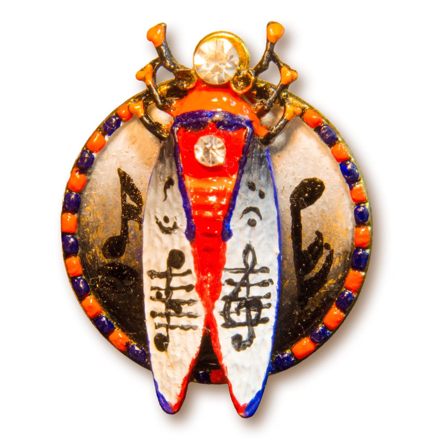 Decorative pendant with musical notes and Chinese characters on a white background Musical scarab brooch with hand painted music notes, unique artist beetle pin white background, handmade luxury music themed brooch, original art jewelry for musician gift, one of a kind painted insect brooch, red blue gold statement accessory, wearable art scarab with notes motif, artistic music lover brooch gift, handcrafted collectible beetle pin, exclusive small batch art jewelry