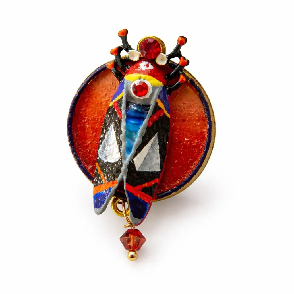 Colorful butterfly-shaped brooch with red and gold accents on a white  hand painted scarab brooch red black beetle pin, unique artist statement jewelry, one of a kind wearable art brooch, luxury enamel insect pin, bold red black scarab accessory, handmade artistic beetle badge, sculptural statement brooch for blazer, collectible art lover gift jewelry, textured enamel scarab pin, designer insect brooch with gold accents, contemporary art jewelry piece, high quality handmade brooch, distinctive fasbackground