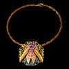 Necklace with a colorful pendant on a black background one of a kind hand painted art necklace, luxury wearable art jewelry, miniature oil painting beetle pendant, handmade artist jewelry, unique statement necklace, fine art jewelry, hand painted miniature under microscope, professional artist made pendant, gold filigree necklace, collectible wearable artwork, elegant artistic necklace for everyday and special occasions