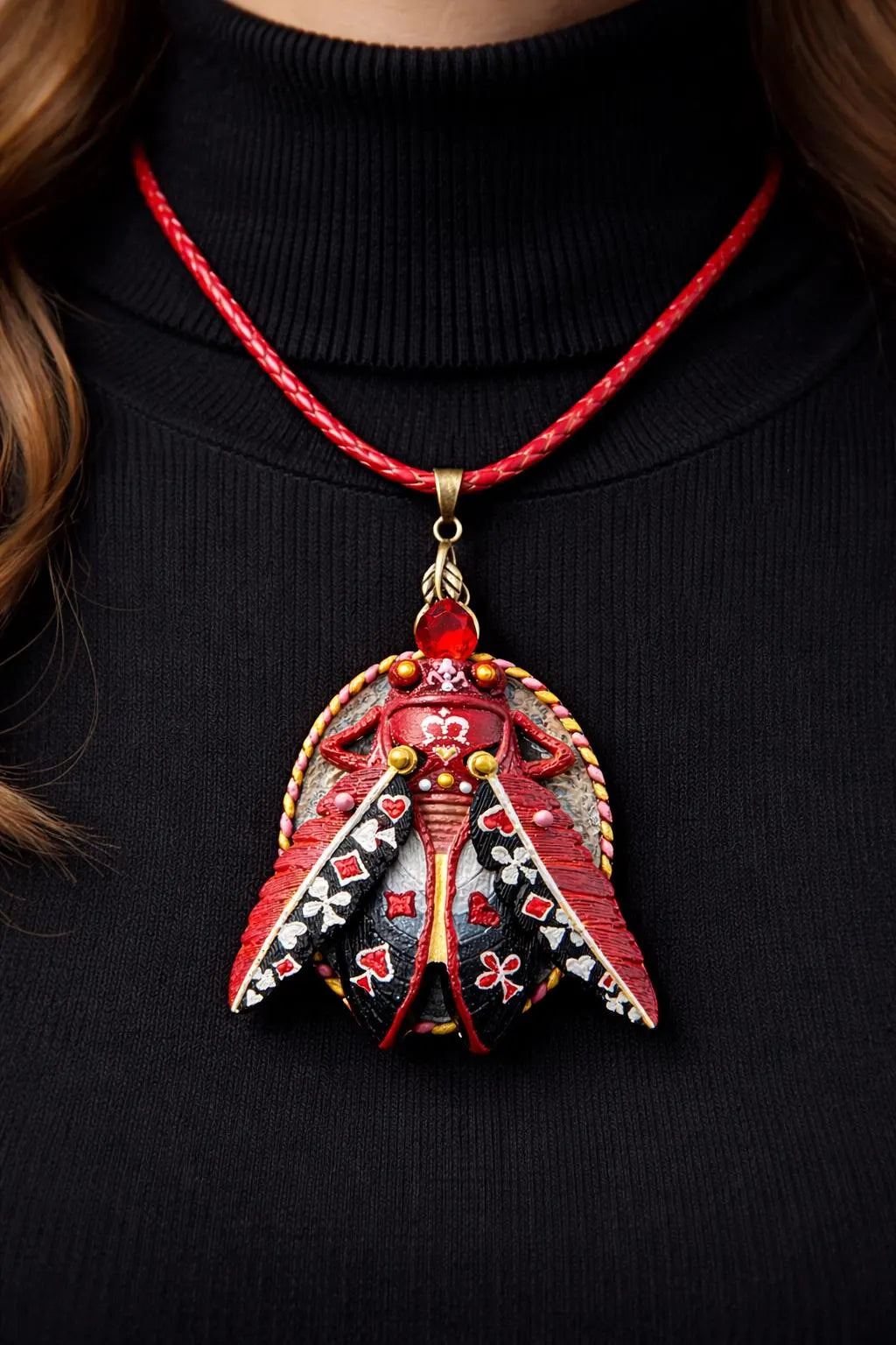 Decorative pendant necklace with intricate design on a black background hand painted scarab necklace red black pendant, statement insect neck accessory, unique artist jewelry for women, bold red cord pendant necklace, wearable art beetle pendant, handmade enamel scarab charm, artistic fashion necklace close up, one of a kind insect jewelry, luxury artisan pendant for art lover, red gemstone scarab necklace, contemporary statement neckpiece, collectible art jewelry pendant, designer handmade insect necklace