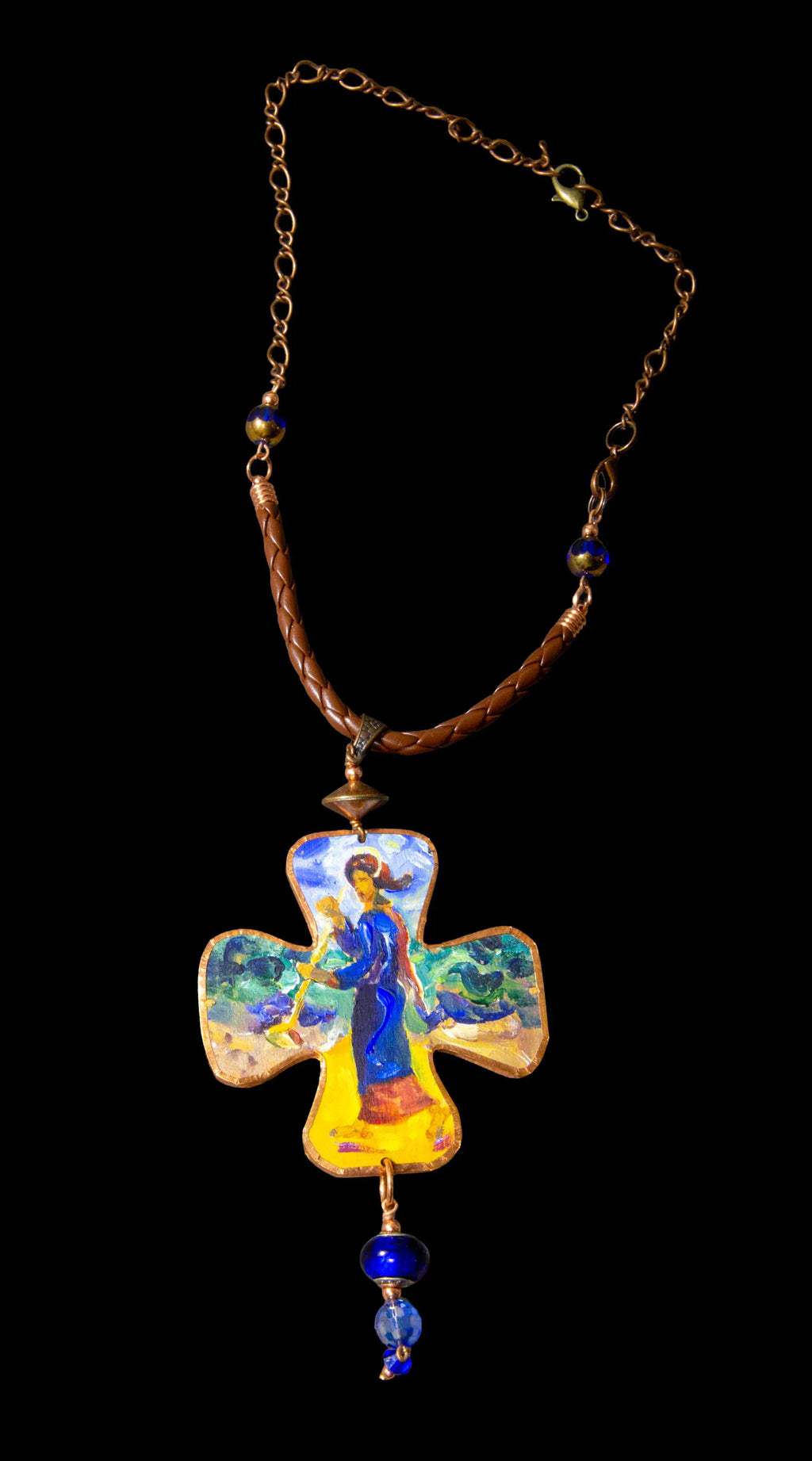 Decorative cross pendant with a figure on a chain against a black background Decorative cross-shaped pendant with a figurine on a dark background Unique artistic pendant for elegant woman, Hand painted miniature art pendant for women one of a kind jewelry, Luxury OOAK miniature painting necklace close up, Original artwork pendant by artist Marijus Piekuras, Fine art wearable pendant handcrafted detail, Tiny original painting inside pendant frame, Woman wearing one of a kind miniature pendant