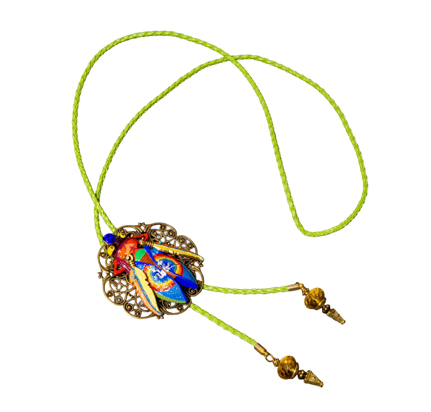 Colorful pendant necklace with a green cord on a white background Luxury art pendant for special occasions, Sophisticated wearable art jewelry styling, Unique gift for art lover woman, Meaningful original art gift for her, Collector miniature painting jewelry piece, One of a kind handmade pendant gift idea, Artistic luxury jewelry for refined taste, Exclusive author jewelry by Marijus Piekuras