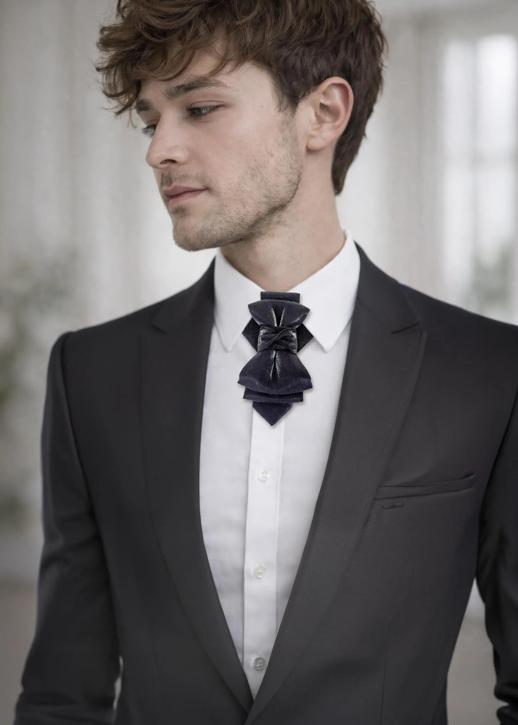 sculptural bow tie alternative, artistic groom tie, refined black necktie, luxury handmade necktie, standout wedding look, unique formal neckwear, contemporary cravat style tie, sophisticated men fashion, modern wedding tie, avant garde tie, elegant men accessory, tailored suit accessory, black statement tie for men, designer neckwear piece, premium fabric tie, formal event accessory, stylish groom outfit detail, minimalist black tie