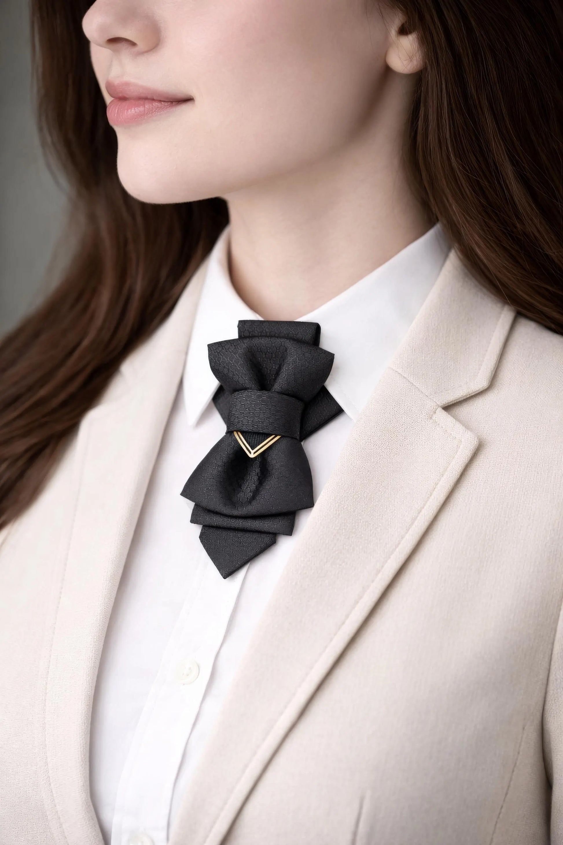 Person wearing a black bow-shaped brooch on a light-colored blazer