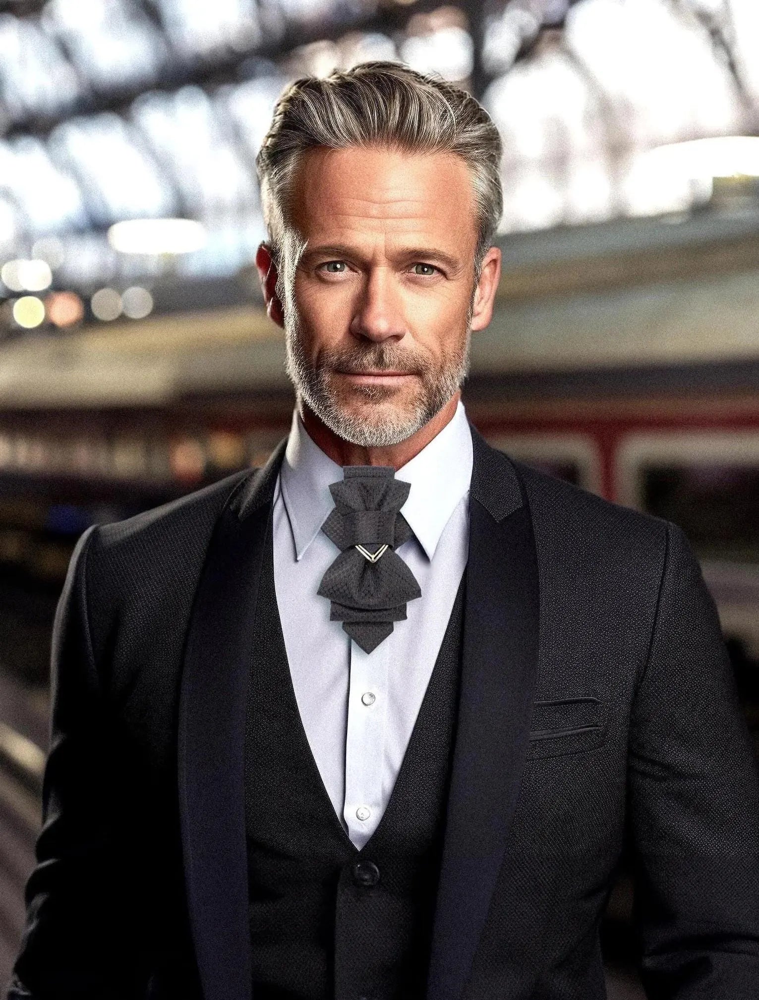 Man in a black suit with a white shirt and gray bow tie against a blurred indoor background Man in a formal suit standing in a train station Handmade luxury black bow tie for weddings, Black wedding bow tie, Unique artistic black necktie for stylish men, Designer black bow tie for grooms and musicians, Elegant black wedding bow tie by Rūta Piekurienė, High-end handmade black tie for special occasions, Artistic luxury black bow tie for men, Unique wedding bow tie crafted by Rūta Piekurienė, Handmade black ne