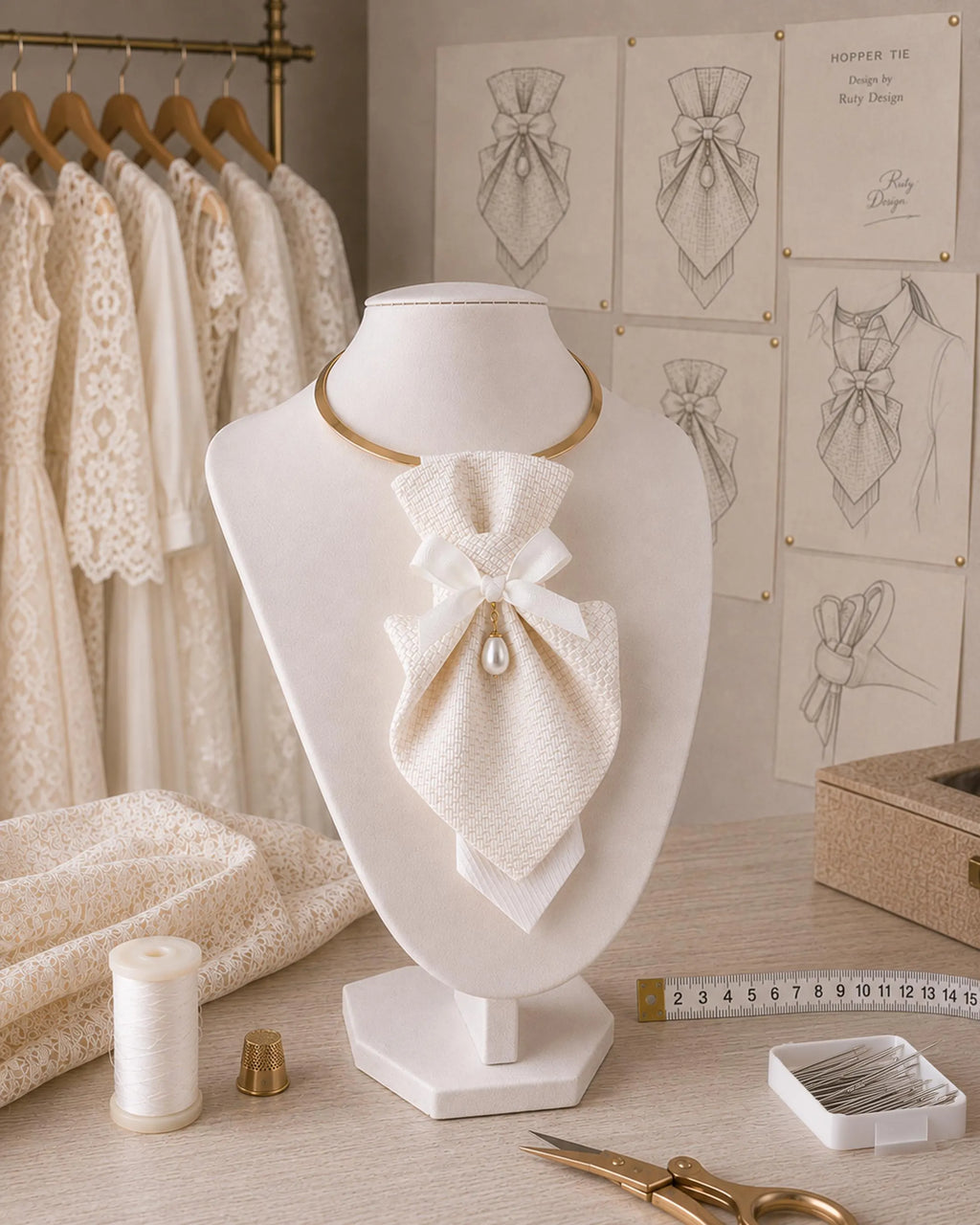 A cream textured fabric bow with a pearl accent, displayed on a white mannequin bust. The bust is set on a wooden table surrounded by sewing tools, with a rack of lace dresses and fashion sketches in the background.
