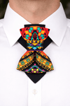 Colorful geometric patterned bow tie on a white shirt Kerala Hopper Tie colorful vertical bow tie handmade statement necktie, vivid geometric vertical bow tie Kerala Hopper Tie by Ruta Piekuriene, colorful artistic bow tie necktie hybrid bright geometric pattern tie, handmade statement necktie vertical bow tie vibrant abstract design, unique groom wedding bow tie colorful artistic neckwear, modern designer bow tie alternative vertical necktie fashion accessory, bright patterned Hopper Tie wearable art neckt