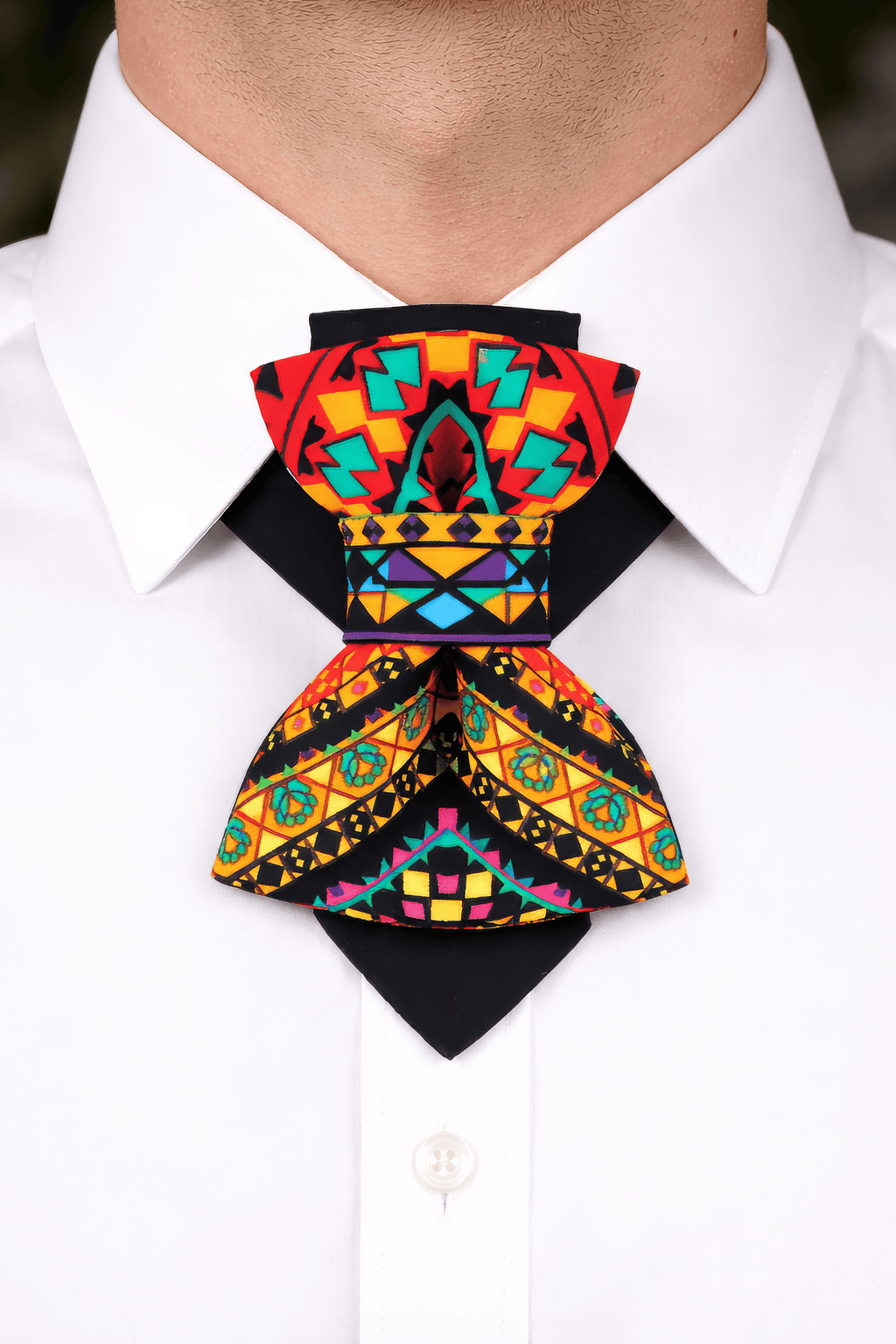 Colorful geometric patterned bow tie on a white shirt Kerala Hopper Tie colorful vertical bow tie handmade statement necktie, vivid geometric vertical bow tie Kerala Hopper Tie by Ruta Piekuriene, colorful artistic bow tie necktie hybrid bright geometric pattern tie, handmade statement necktie vertical bow tie vibrant abstract design, unique groom wedding bow tie colorful artistic neckwear, modern designer bow tie alternative vertical necktie fashion accessory, bright patterned Hopper Tie wearable art neckt