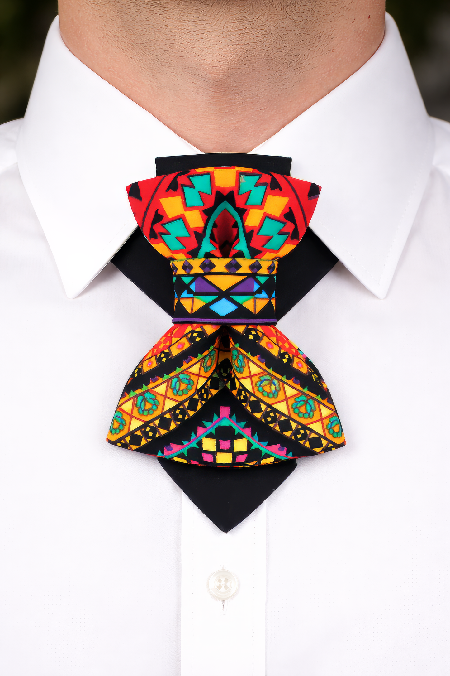 Colorful geometric patterned bow tie on a white shirt Kerala Hopper Tie colorful vertical bow tie handmade statement necktie, vivid geometric vertical bow tie Kerala Hopper Tie by Ruta Piekuriene, colorful artistic bow tie necktie hybrid bright geometric pattern tie, handmade statement necktie vertical bow tie vibrant abstract design, unique groom wedding bow tie colorful artistic neckwear, modern designer bow tie alternative vertical necktie fashion accessory, bright patterned Hopper Tie wearable art neckt