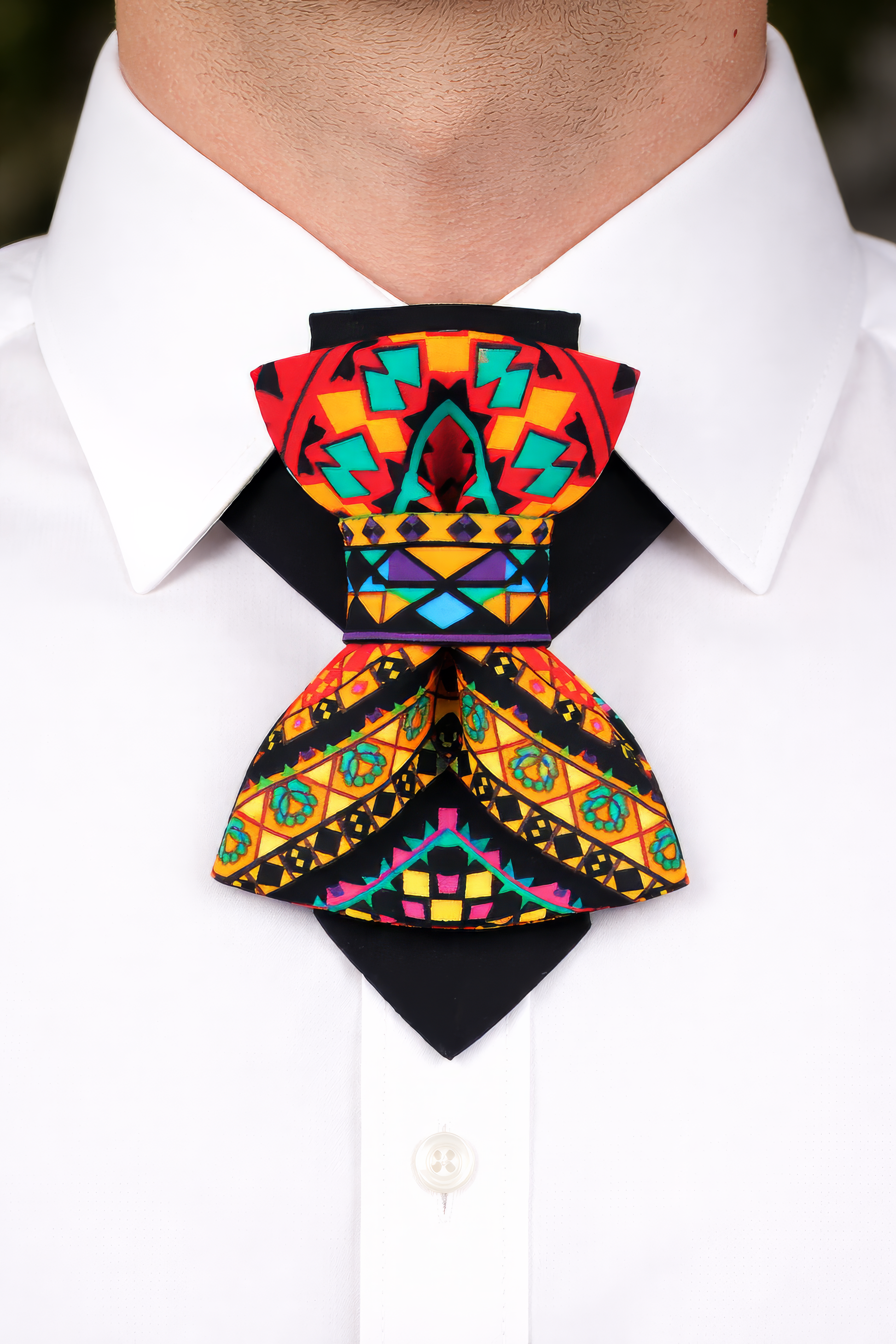 Colorful geometric patterned bow tie on a white shirt Kerala Hopper Tie colorful vertical bow tie handmade statement necktie, vivid geometric vertical bow tie Kerala Hopper Tie by Ruta Piekuriene, colorful artistic bow tie necktie hybrid bright geometric pattern tie, handmade statement necktie vertical bow tie vibrant abstract design, unique groom wedding bow tie colorful artistic neckwear, modern designer bow tie alternative vertical necktie fashion accessory, bright patterned Hopper Tie wearable art neckt