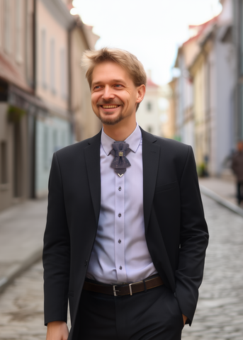 Man in a suit standing on a street with buildings in the background Handmade luxury tie featuring Gediminas Columns emblem, elegant jabot-style design in dark shimmering fabric with gold and purple accents. A unique artisan necktie for weddings, concerts, cultural events, and special occasions. Ideal unisex accessory symbolizing heritage, strength, and individuality.