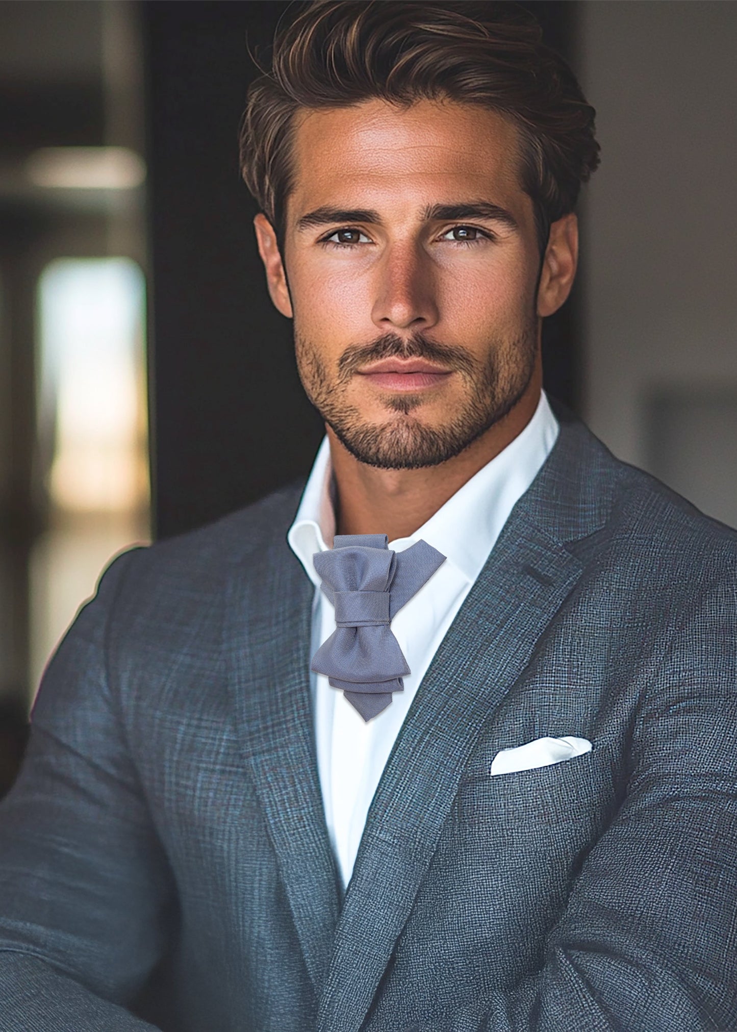 handmade gray blue tie, sculptural necktie, unisex fashion tie, artistic wedding tie, modern cravat, elegant blue accessory, pre-tied unique tie, statement neckwear, couture tie design, Ruty Design tie