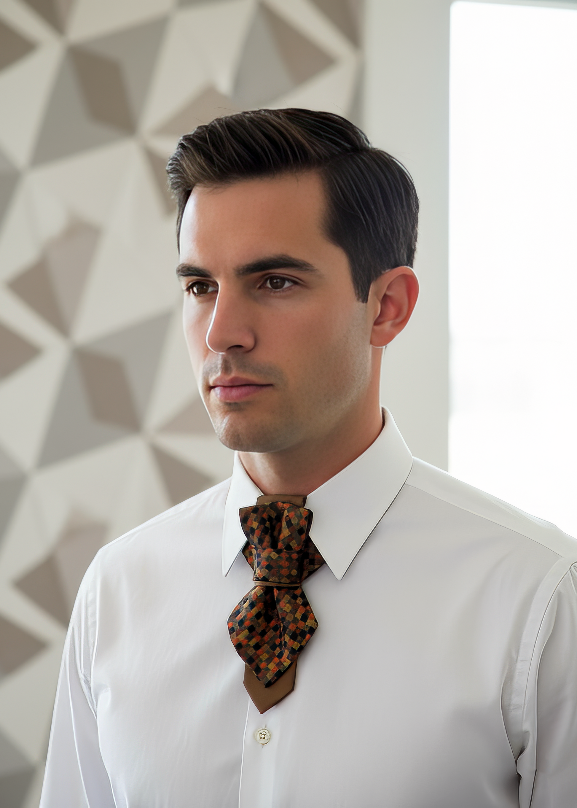 Man wearing a white shirt and patterned tie against a geometric wall.