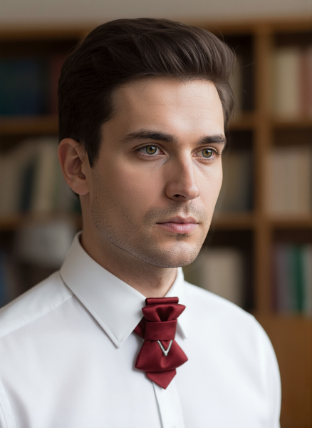 Man wearing a white shirt and red tie with a blurred bookshelf background Man wearing a white shirt and red bow tie with a blurred bookshelf  Red wedding necktie, unique design, handmade, luxury, close-up, white shirt, formal wear, special occasion, bespoke, elegant, sophisticated, stylish, vibrant red, intricate folds, detailed craftsmanship, high-quality fabric, fashion accessory, groom attire, distinguished, statement piece, exclusive, modern, chic, timeless, celebratory, memorable, opulent, refined, sha