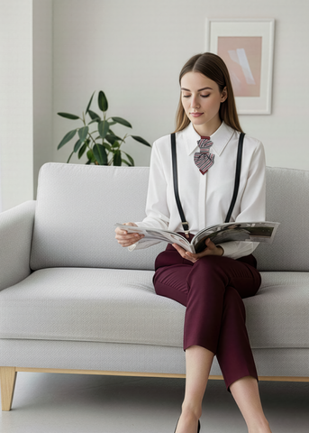 Woman reading a book on a gray sofa in a modern living room premium handmade knitted houndstooth tie in burgundy, luxury italian silk wool blend necktie with red pied-de-poule pattern, unique red and black patterned tie for wedding or business attire, close-up of high-quality wool knit scarf style tie with abstract design, elegant burgundy and black dogtooth patt