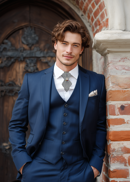 Man in a blue suit leaning against a brick wall with a wooden door in the background handmade luxury wedding necktie, vertical bow tie, Lithuanian Gedimino Stulpai pin, silver patterned tie, unisex formal accessory, unique design neckwear, groom tie, national symbol fashion, elegant menswear, statement necktie, artistic bow tie, heritage inspired tie, luxury gift for him or her