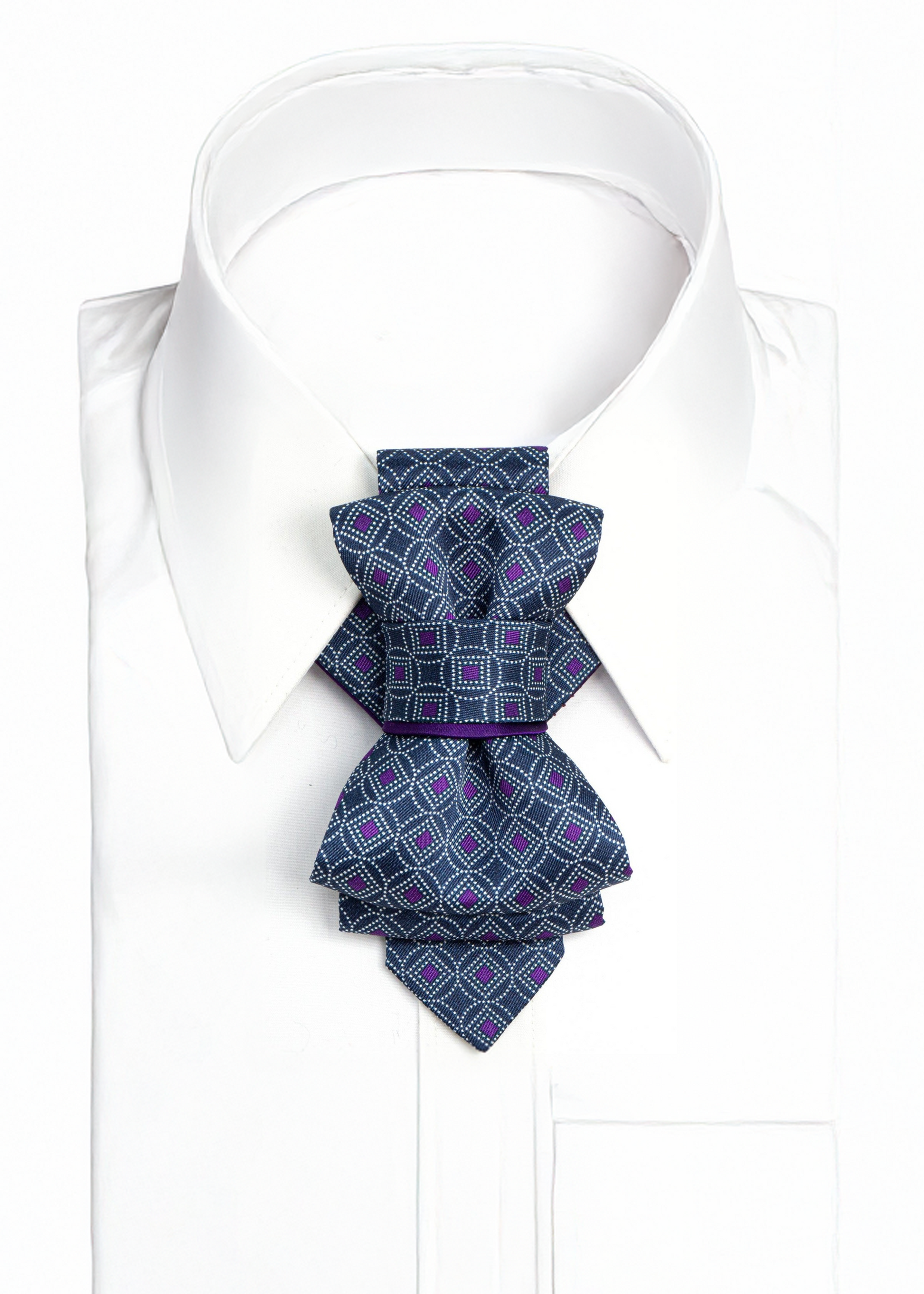 White shirt with a patterned bow tie on a white background