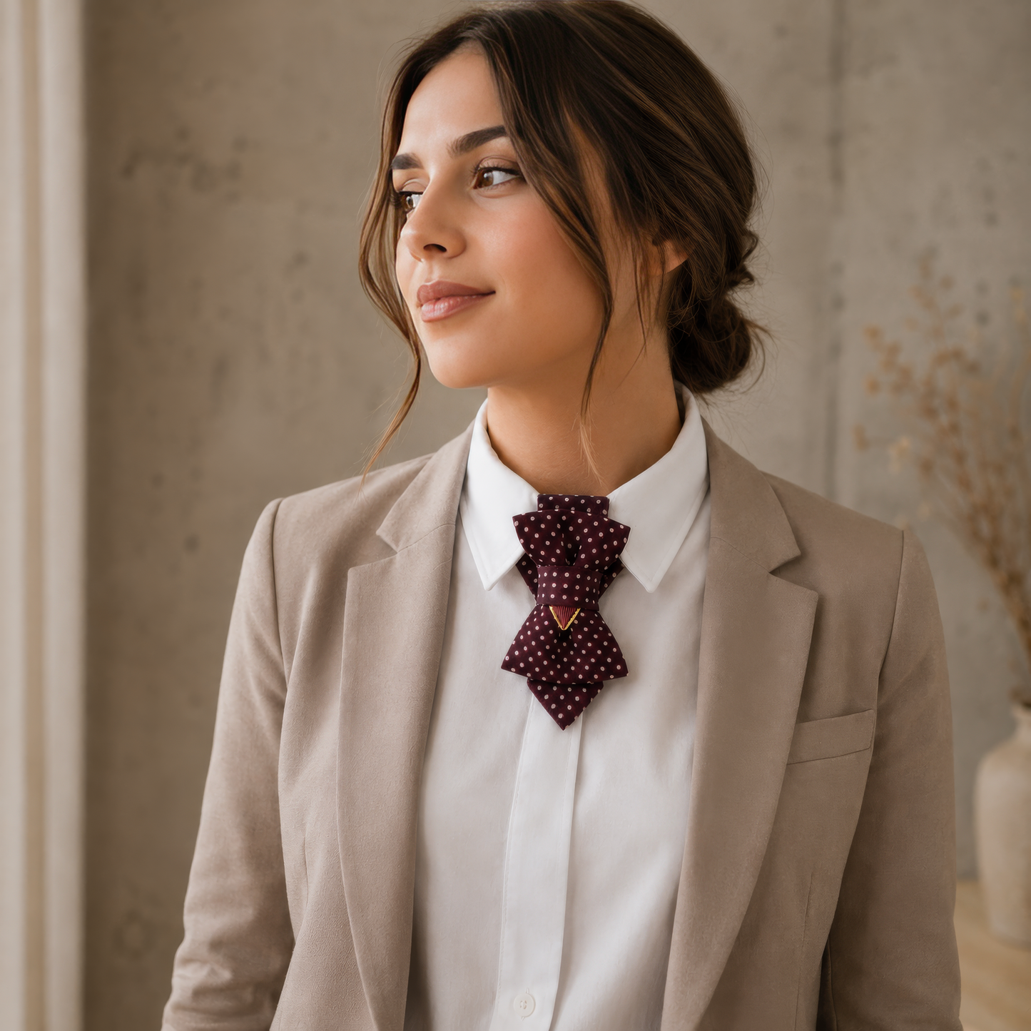 Woman wearing a beige blazer and white shirt with a patterned bow tie, standing against a neutral background burgundy polka dot cravat, ascot tie for women, victorian necktie, steampunk neck accessory, layered bow tie, women statement tie, elegant cravat necklace, handmade neck accessory, burgundy necktie, romantic gothic accessory, office fashion tie, unique womens tie, artistic neckwear, polka dot cravat, dandy style accessory, formal neckpiece, wedding guest accessory, victorian inspired tie, detachable 