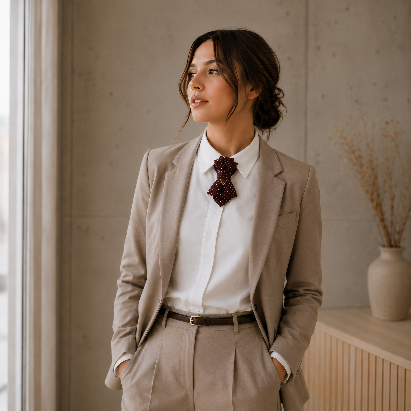 Woman in a beige suit standing indoors with a neutral background burgundy polka dot cravat, ascot tie for women, victorian necktie, steampunk neck accessory, layered bow tie, women statement tie, elegant cravat necklace, handmade neck accessory, burgundy necktie, romantic gothic accessory, office fashion tie, unique womens tie, artistic neckwear, polka dot cravat, dandy style accessory, formal neckpiece, wedding guest accessory, victorian inspired tie, detachable neck accessory, womens fashion cravat, dark 