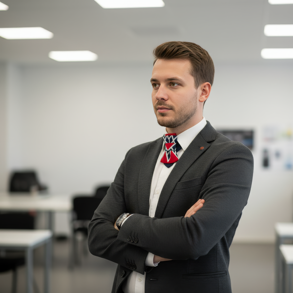 Man in a suit with a distinctive tie in an office setting pre-tied unisex neck accessory, neutral linen tie, white decorative pattern tie, handmade tie from Lithuania, elegant cotton blend necktie, designer tie Rūta Piekurienė, unique formal fashion accessory, earthy toned tie, textured fabric necktie, architectural style tie, modern linen neckwear, hopper style ornament tie, men’s and women’s wedding tie, vintage inspired neutral tie