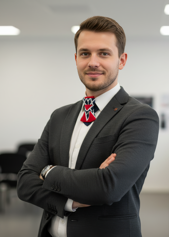 Man in a suit with a red and blue patterned tie standing in an office  pre-tied unisex neck accessory, neutral linen tie, white decorative pattern tie, handmade tie from Lithuania, elegant cotton blend necktie, designer tie Rūta Piekurienė, unique formal fashion accessory, earthy toned tie, textured fabric necktie, architectural style tie, modern linen neckwear, hopper style ornament tie, men’s and women’s wedding tie, vintage inspired neutral tiesetting