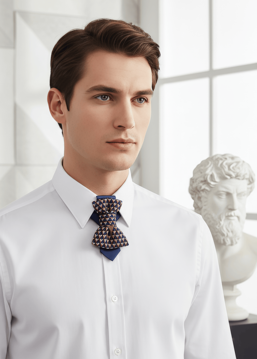 Man wearing a white shirt with a decorative bow tie in a modern interior setting Bow tie with triangles, colorful bow tie, Blue hopper tie, vedding necktie Pythagoras Necktie, Geometric Bow Tie for Men, Unique Patterned Necktie, Blue and Orange Tie, Modern Cravat, Mathematically Inspired Style, Intellectual Accessory, Handmade Neckwear, Mens Fashion Accessory, Stylish Suit Addition, Distinctive Gift Tie, Shopify First Photo Tie