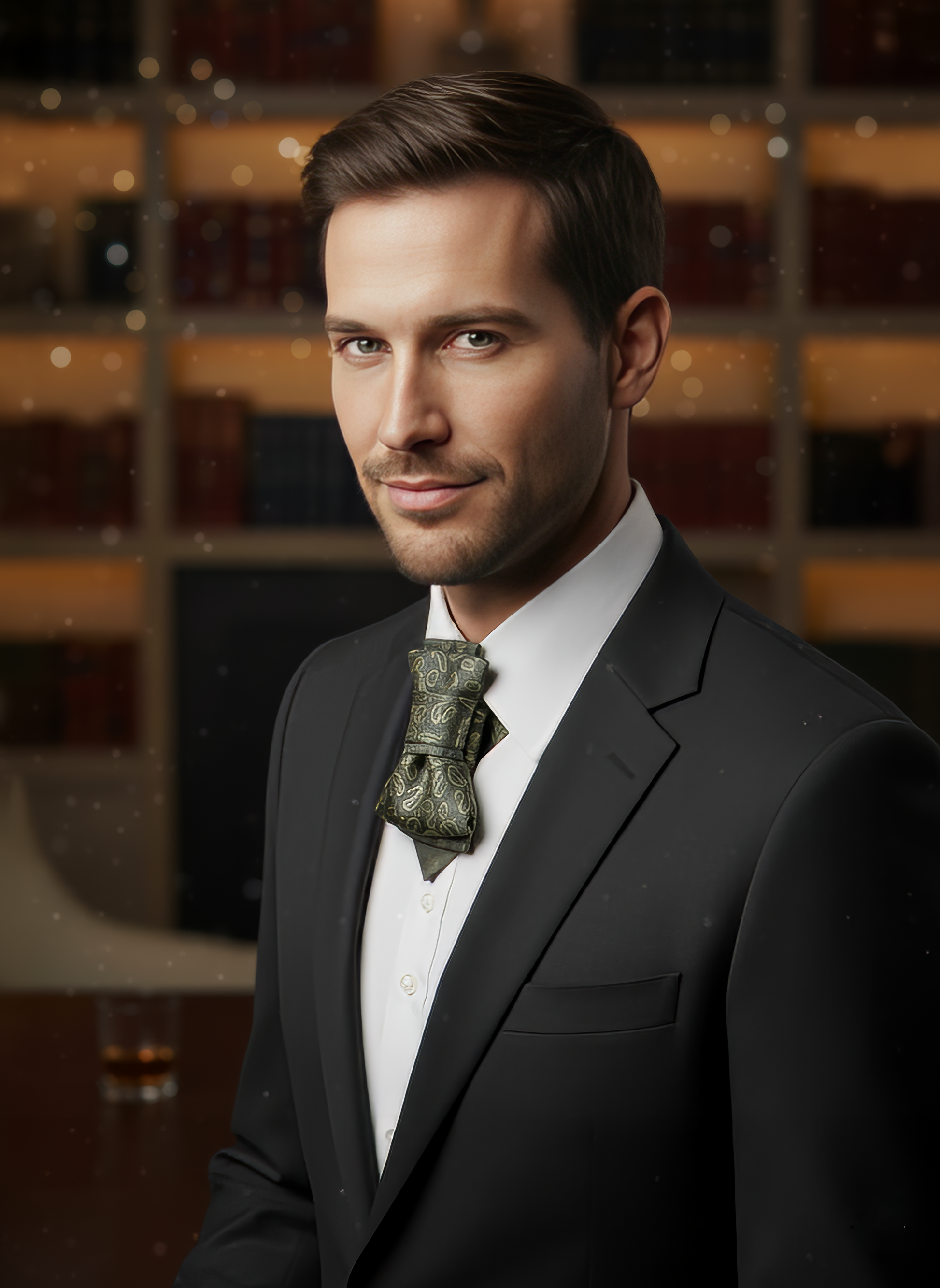 Bow Tie, Tie for wedding suite SAFARI hopper tie Bow tie 
A black and gold silk ascot tie with a detailed paisley pattern, worn with a classic white dress shirt. The tie features a chevron stripe texture, creating a sophisticated and formal look. It's a handmade luxury wedding accessory