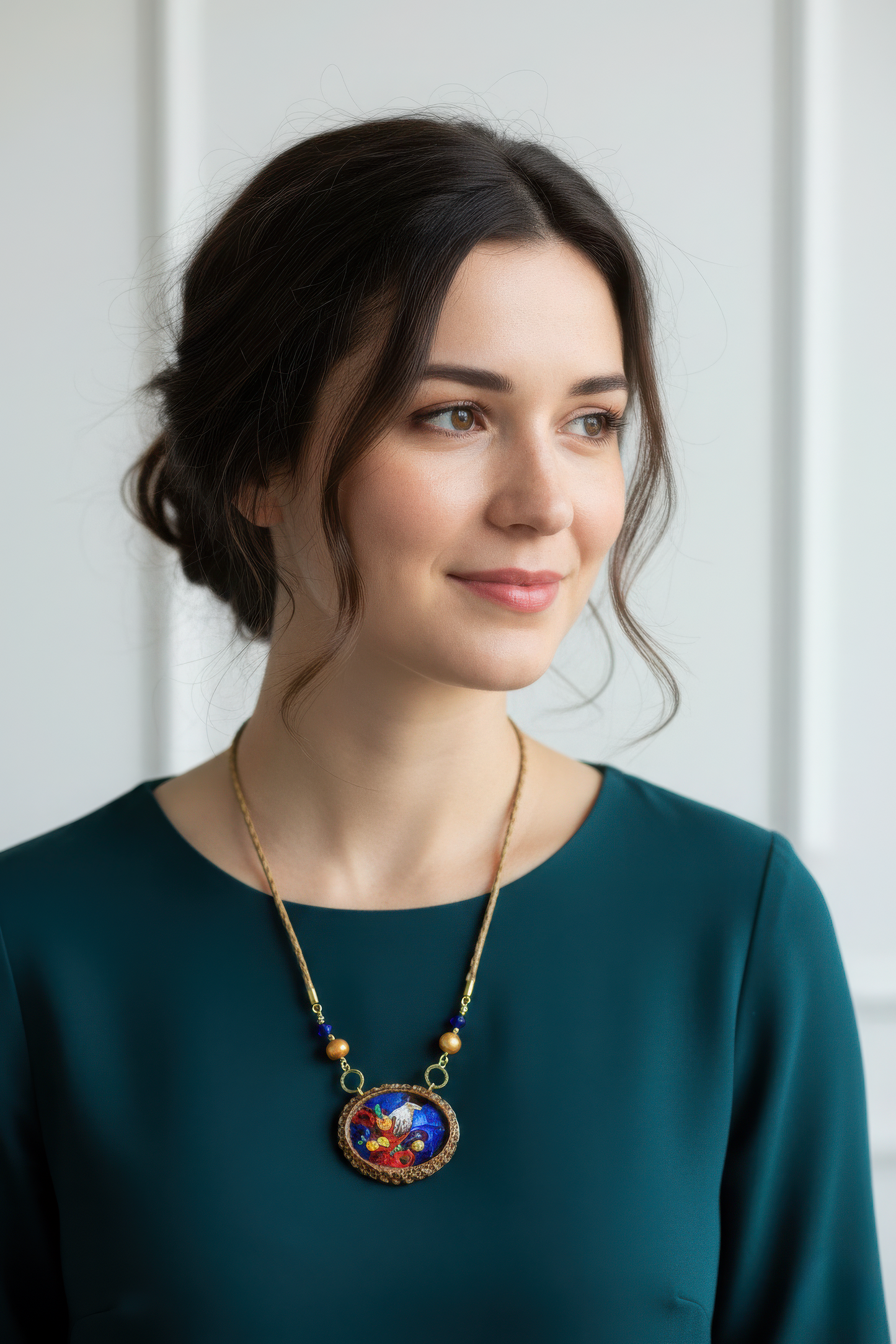 Woman wearing a necklace with a colorful pendant against a white background
