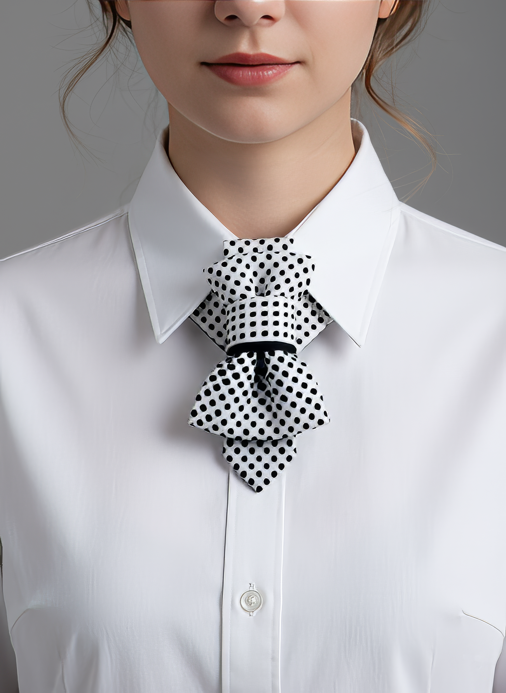 Person wearing a white shirt with a black and white polka dot bow tie against a gray background